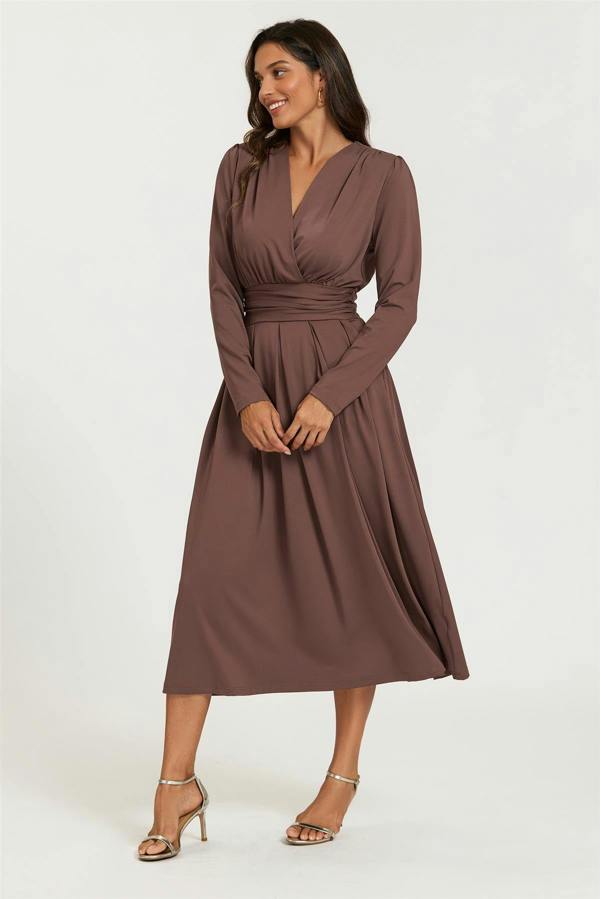 FS Collection Jersey Long Sleeve Midi Dress In Brown