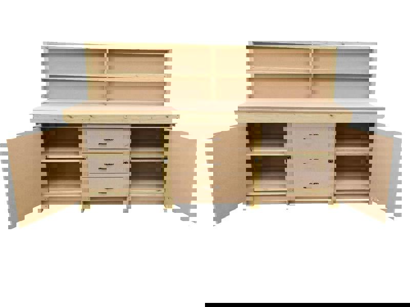 Arbor Garden Solutions Wooden work bench with drawers and double lockable cupboard (V.8) with back panel and double shelf
