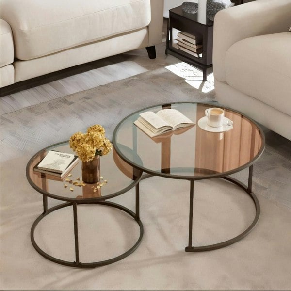 Rafaelo Mobilia Set Of 2 Round Nesting Tables With Tempered Glass Top Black
