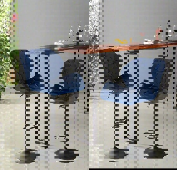 Modcraft Set of 2 Velvet Blue Bar Stools – Adjustable Swivel Dining Chairs with Footrest & Black Steel