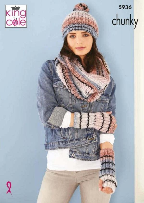 King Cole Safari Chunky Knitting Pattern 5936, Headwear, Scarves, Wrist Warmers for Women, One Size