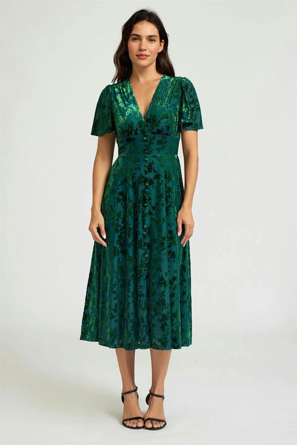 FS Collection Floral Velvet Devore V neckline Dress In Green