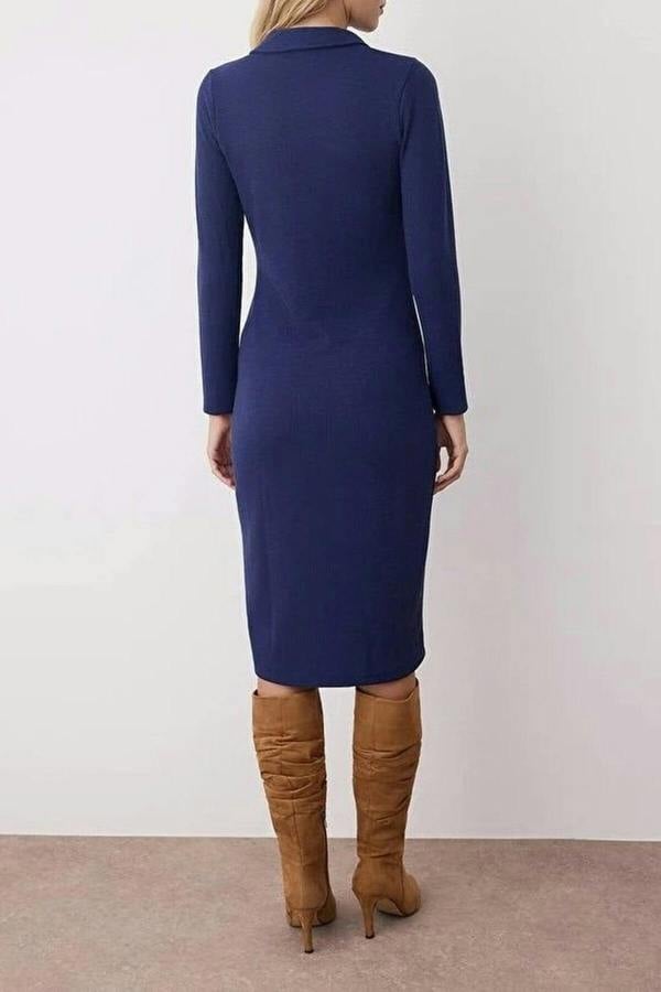 WOVCOR Polo Collar Bodycon Midi Knitted Dress with Button Detail