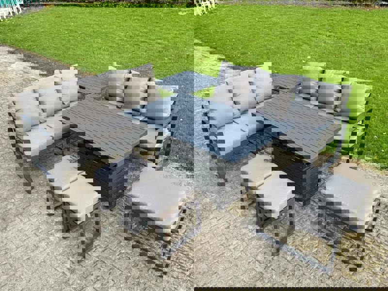 Fimous 8 Seater Aluminium Garden Furniture Set with Adjustable Rising Dining Table, 2 Sofas, Side Table, 3 Footstools - Dark Grey