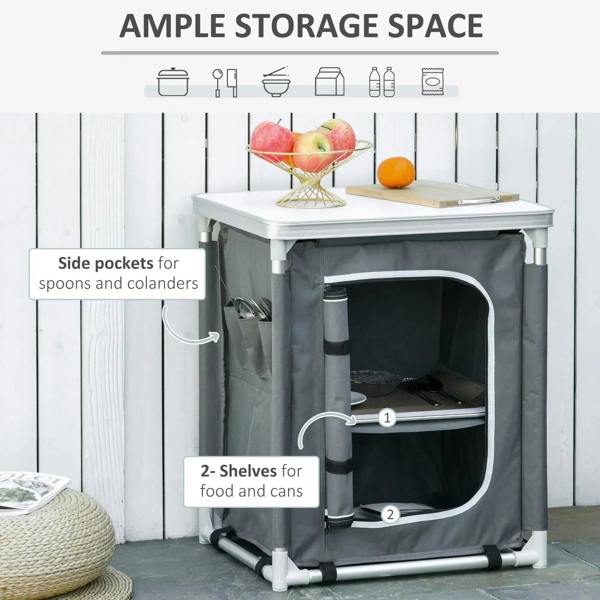 Grey 2-shelf camping cupboard with side pockets and front door showing two storage levels.