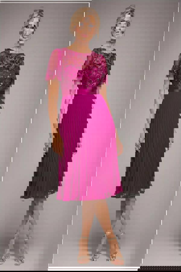 Embroidered Top Chiffon Pleated Midi - Magenta DR3802M