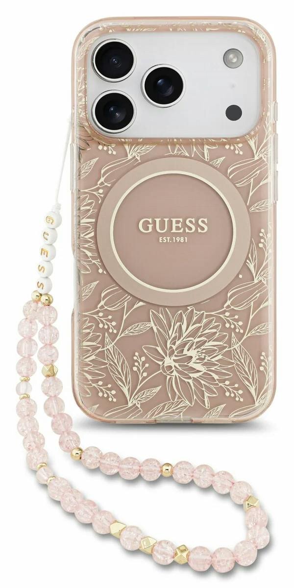 Guess IML Flowers Electro Pearl Strap MagSafe Case for iPhone 17/18 Pro 6.3" Pink - GUHMP18LHCPOFPP