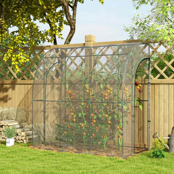 Outsunny 143 x 118 x 212cm Walk-In Lean to Wall Tunnel PVC Greenhouse with Doors - 214 x 118 x 212cm