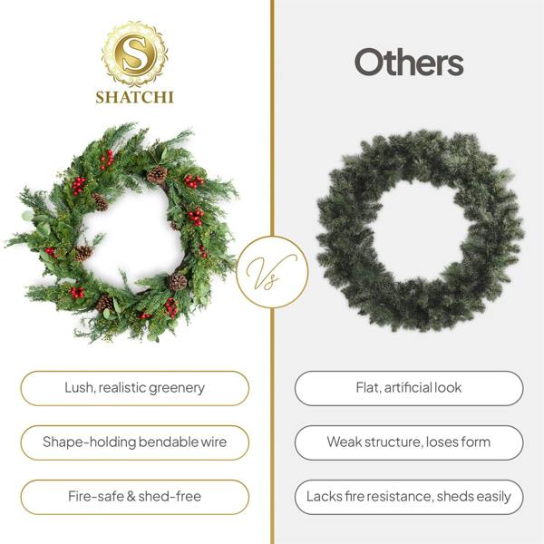 90cm Artificial Cedar Christmas Wreath with Red Berries and Pinecones, Green Seasonal Door Decor image 8