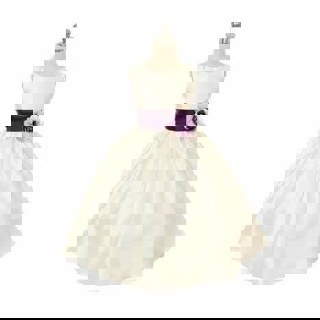 White flower girl dress with purple sash on mannequin