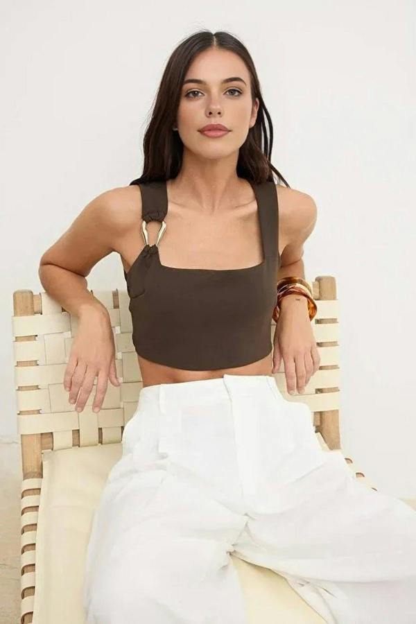 WOVCOR Square Neck Fitted Crop Blouse