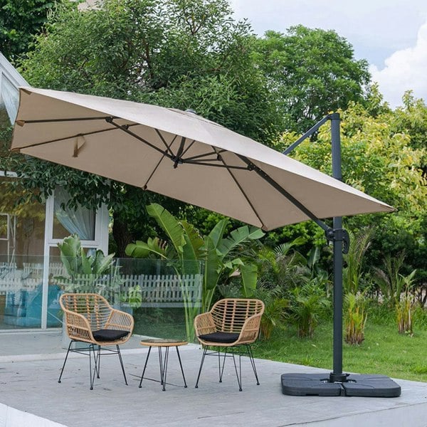 Light Grey 3 x 3 m Square Cantilever Parasol Outdoor Hanging Umbrella for Garden and Patio Parasols Living and Home Khaki Parasol + Cross Base + Petal Water Tank