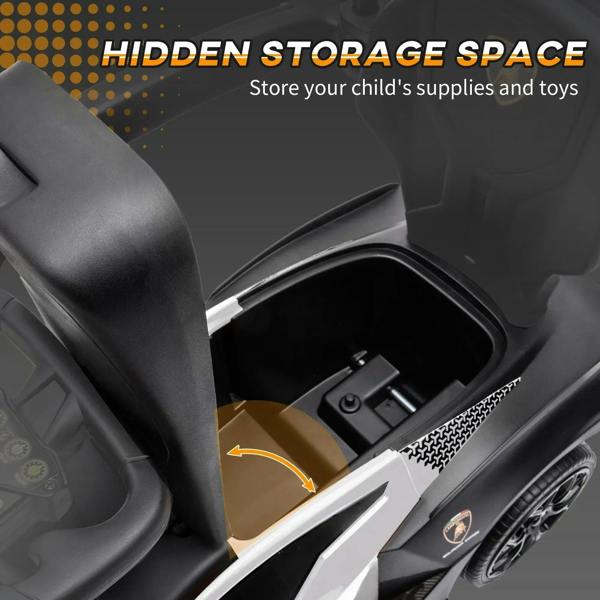 White and black ride-on push car with open hidden storage compartment