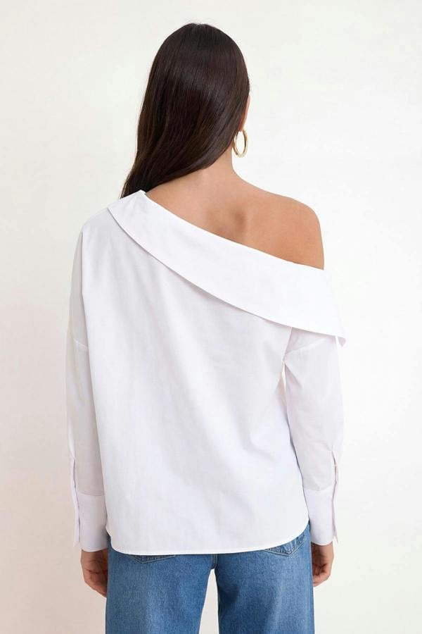 WOVCOR Asymmetric Neck Long Sleeve Woven Blouse