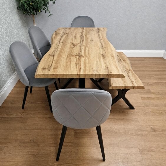 Kosy Koala Rustic Wood-Effect Wavy X-Shaped Legs Dining Table Set with 4 Grey Chairs & Bench, 140x80x75cm