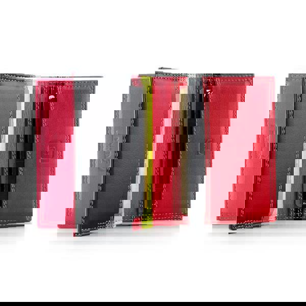 Multicolored leather wallet with card slots on a white background