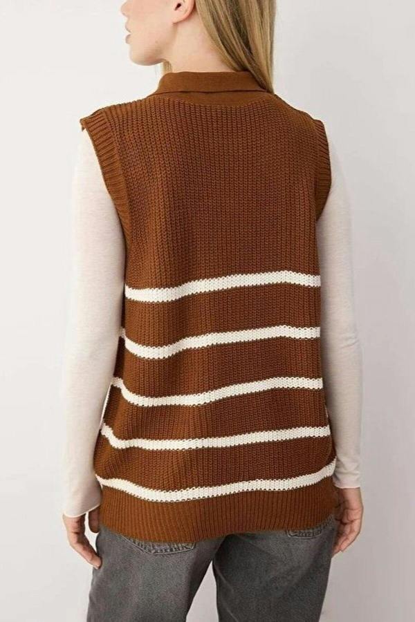 WOVCOR Zippered Striped Polo Neck Knit Sweater