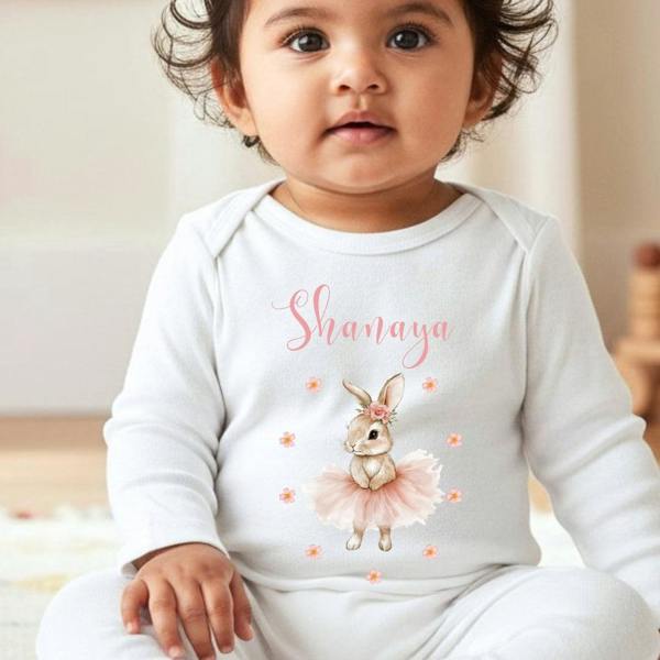 Personalised Pink Ballet Bunny Baby Grow, Vest or Bib with Name