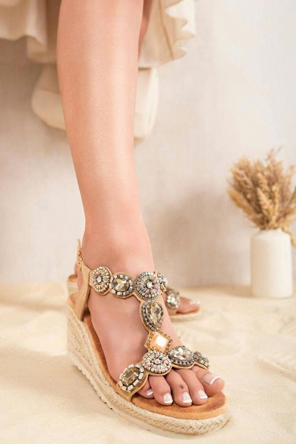 Kalina Embellished Espadrille Wedge Sandals - Beige