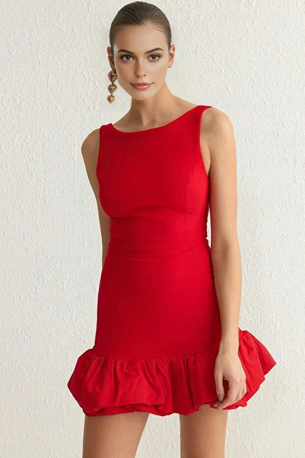 WOVCOR Balloon Skirt Detailed Woven Short Dress with Under Shorts Lining