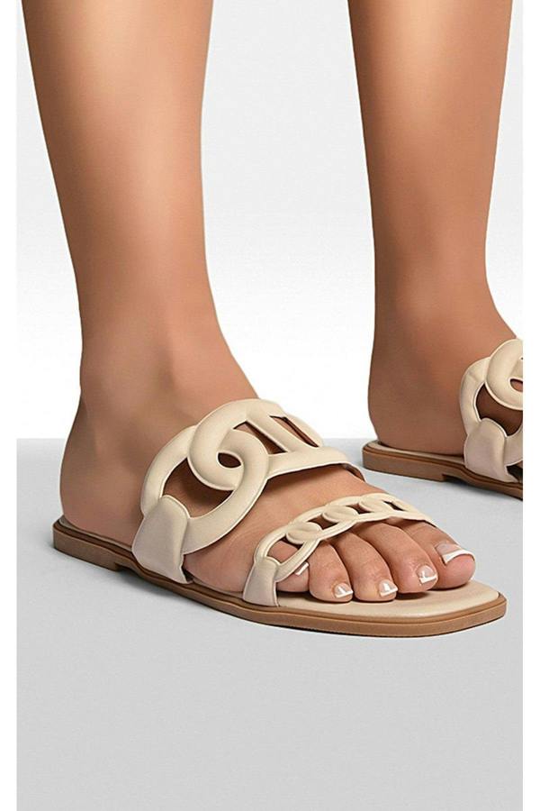 Betty Comfortable Flat Sandals With Double Leather Chain - Cream