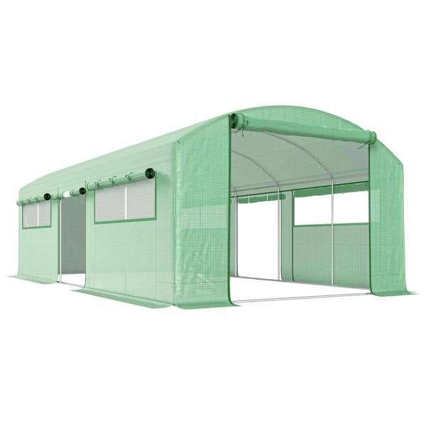 Green walk-in polytunnel greenhouse with zippered front door and side mesh windows