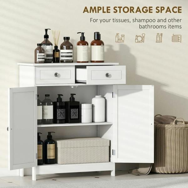 White bathroom cabinet with two drawers and open doors showing stacked interior shelves