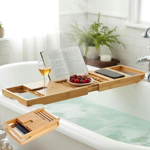 LKH HOME COLLECTION LKH Expandable Bamboo Bath Tray Caddy - Bathtub Rack with Wine Glass Holder, Mobile, Tablet & Book Stand - Retractable & Foldable