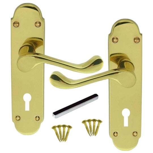 Lock & Lock Door Handle Modern Scroll Epsom Brass Polish handles, Bath Lock Latch 168 x42mm