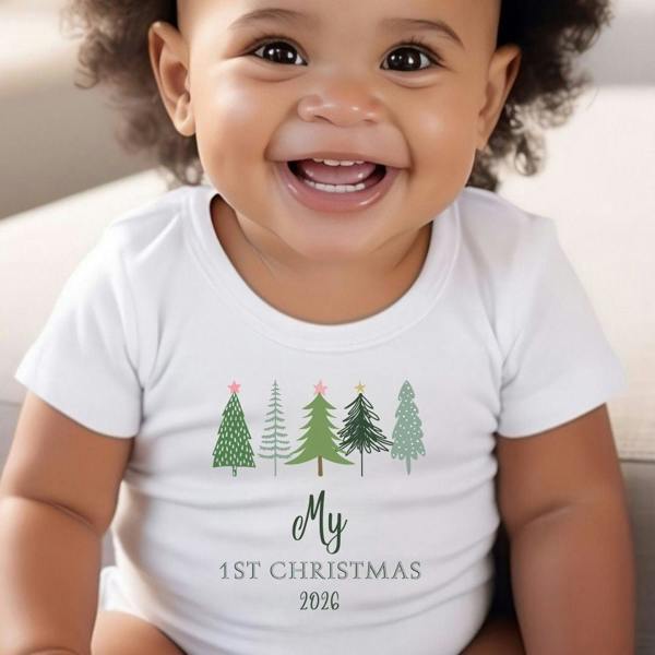 Personalised 1st Christmas Fir Tree Babygrow | Name Vest or Bib UK