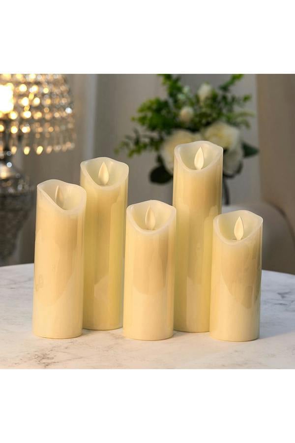 Living and Home 5Pcs Ivory LED Pillar Flameless Candles with Remote–Flickering Flame, Dimmable & Timer