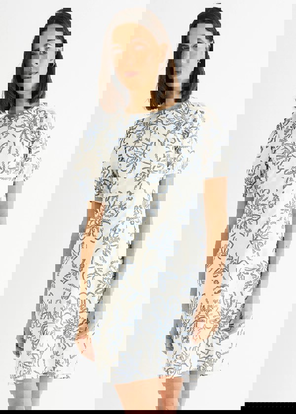 Gini London White Blue Floral Embroidered Mini Dress