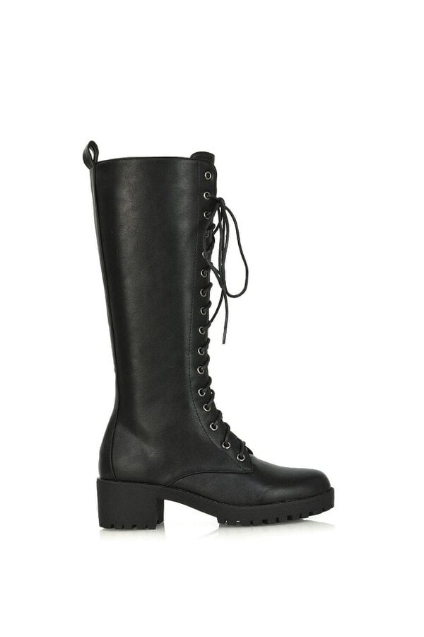 XY LONDON Lace Up Block High Heel Knee High Biker Boots