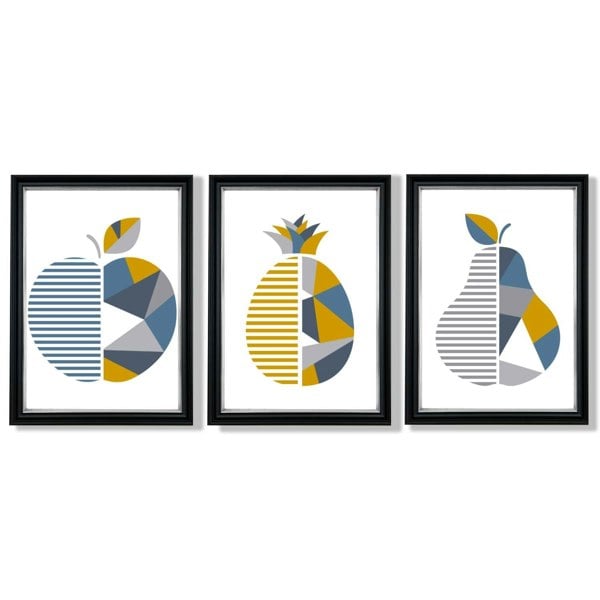Artze Wall Art Set of 3 Blue & Yellow Geometric Fruit Framed Prints