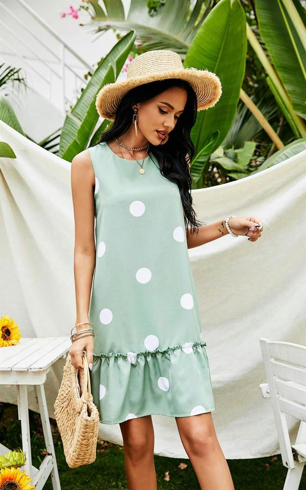 FS Collection White Polka Print Frill Mini Dress In Mint Green