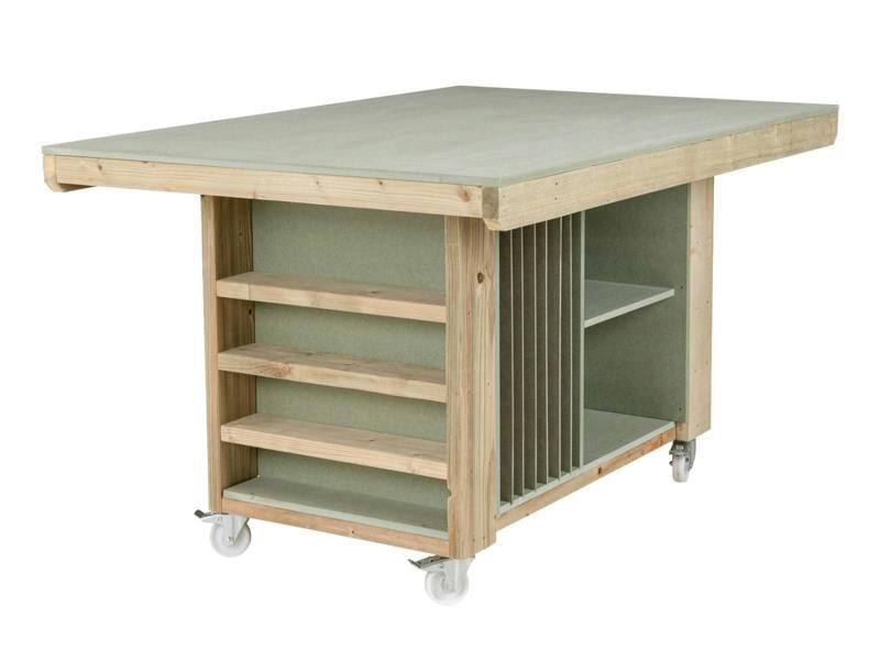 Art/Craft Project Workbench with Storage V.3 features a durable, moisture-resistant 18mm MDF top, ideal for creative projects and precision work. This design includes 7 vertical sections on one side for organizing materials and a double shelf on the other for versatile storage options