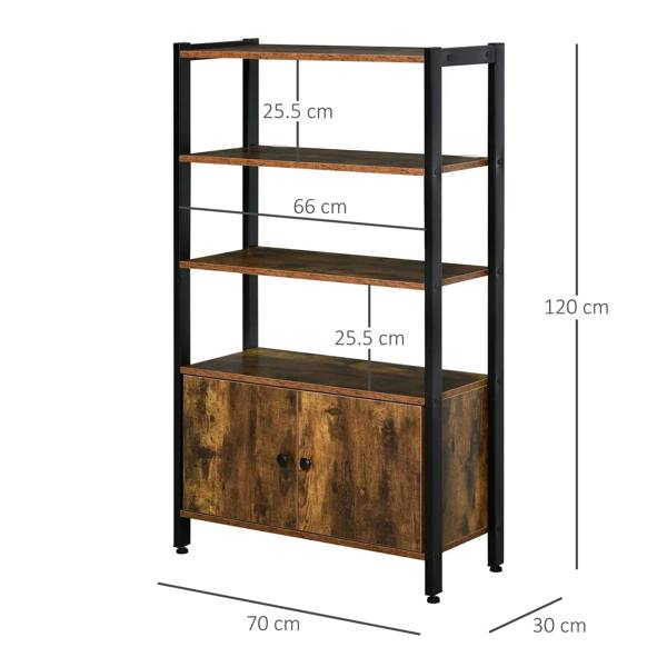 Industrial shelving cabinet with doors, rustic brown, 70×120×30cm, black metal frame