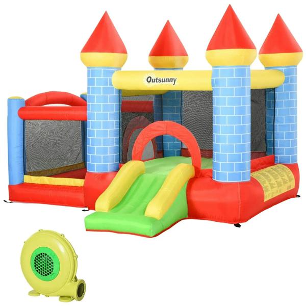 Kids inflatable bounce castle with slide, pool, and blower blower unit, multi-color