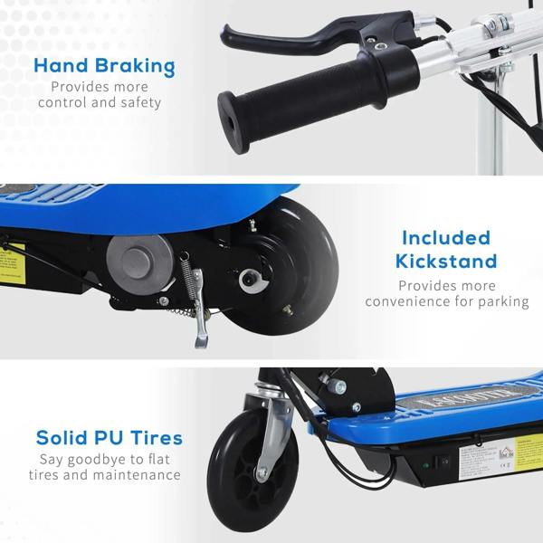 Blue electric kids scooter close-up of hand brakes, kickstand, and solid tires