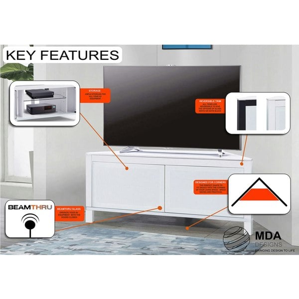MDA Designs VOLANS White Tru-Corner Remote Friendly Doors White/Black Reversible Panel LCD/Plasma/LED TV up to 42" Corner TV Cabinet
