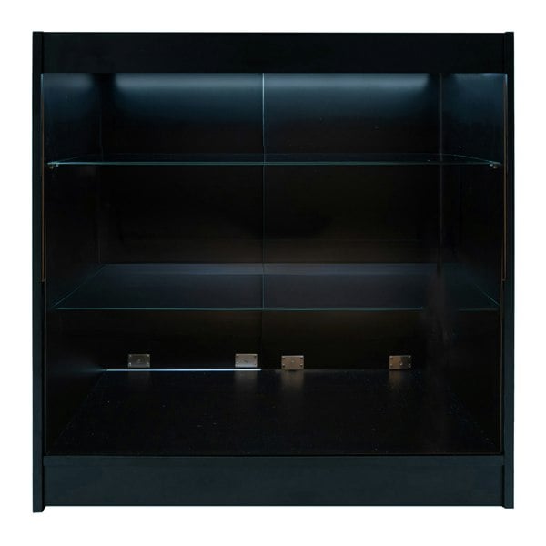 Black Helios LED shop counter set CM60 featuring sleek design, glass shelves, and illuminated interior for enhanced display options