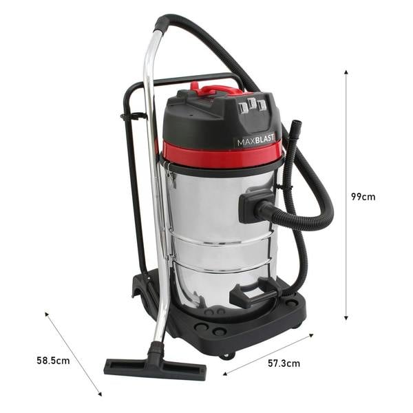 80L wet and dry vacuum with a sleek stainless steel body, red accents, and a flexible 5m hose for versatile cleaning tasks