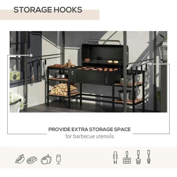 Beige BBQ grill gazebo tent with storage hooks on the metal frame for grilling tools