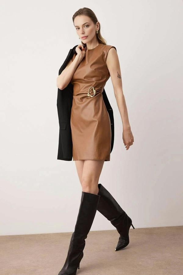 WOVCOR Faux Leather Accessory Detailed Mini Woven Dress