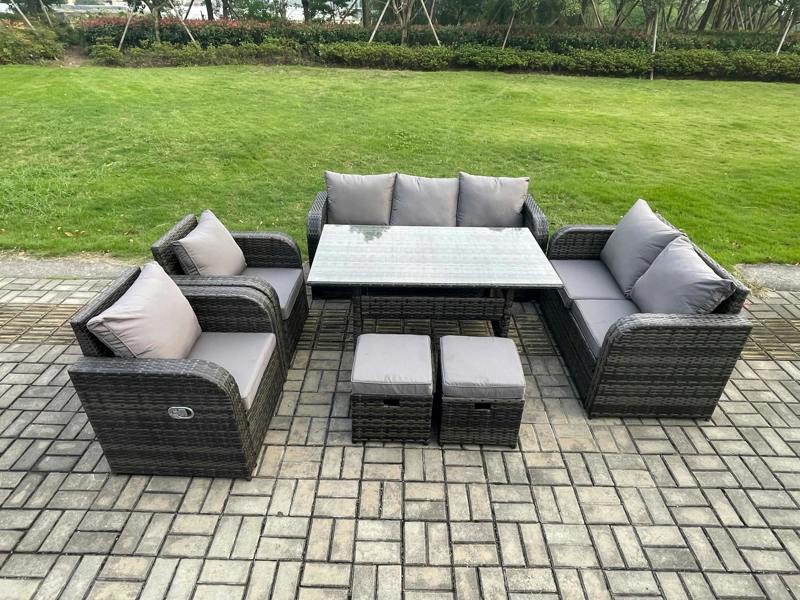 Fimous 9 Seater Lounge Rattan Garden Furniture Patio Set, Dining Table, Adjustable Chair, Love Sofa, 2 Small Footstools, Dark Grey Mixed