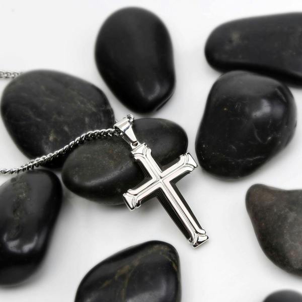 Large Black and Steel Cross Pendant Necklace for Men - namana.london