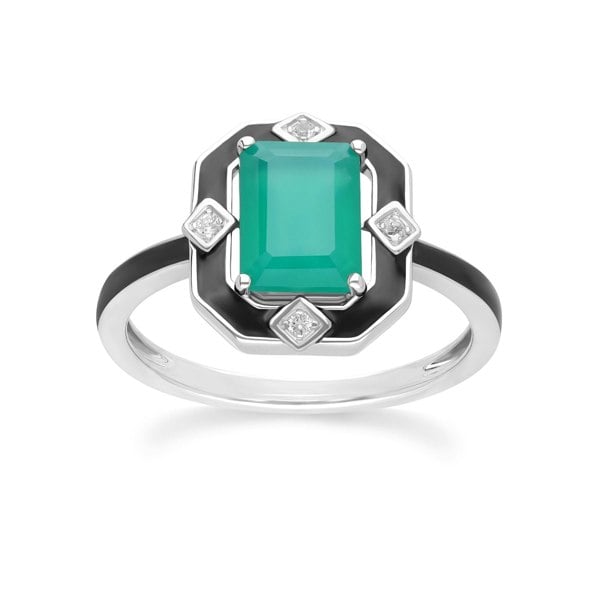 Gemondo Grand Deco Black Enamel, Green Chalcedony & Topaz Ring in Sterling Silver
