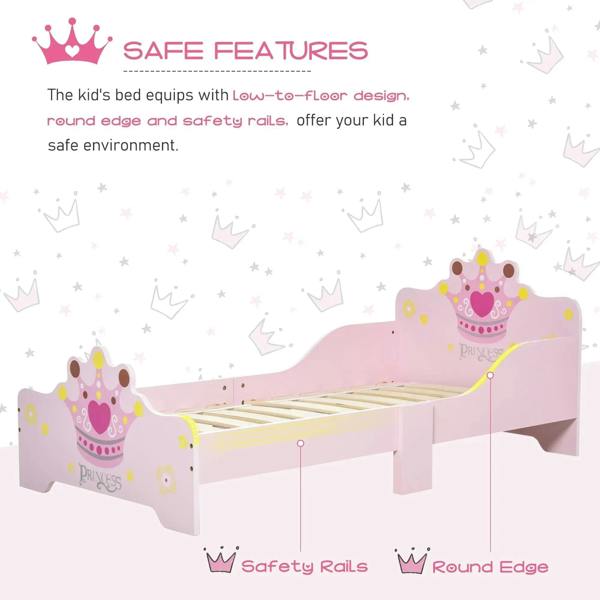 Pink toddler princess bed with crown headboard, safety rails, and low-to-floor design
