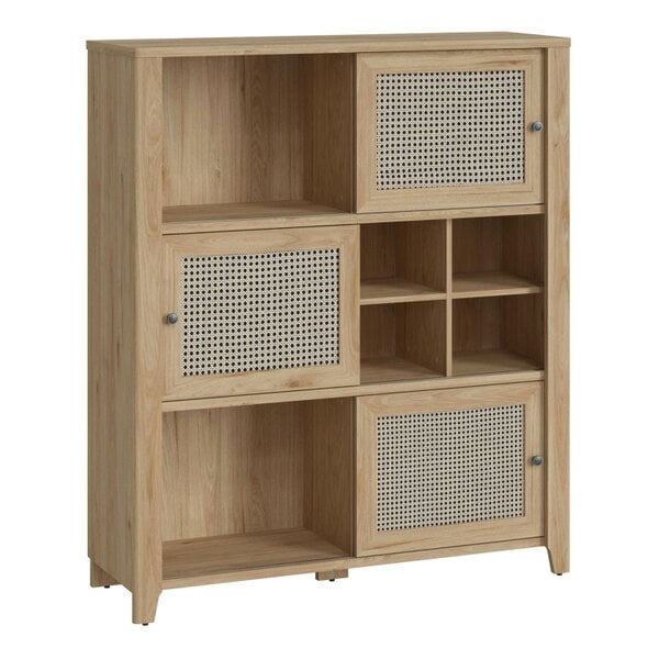 Wyld Haus Monza Natural Oak Wood and Rattan 3 Sliding Door Cabinet
