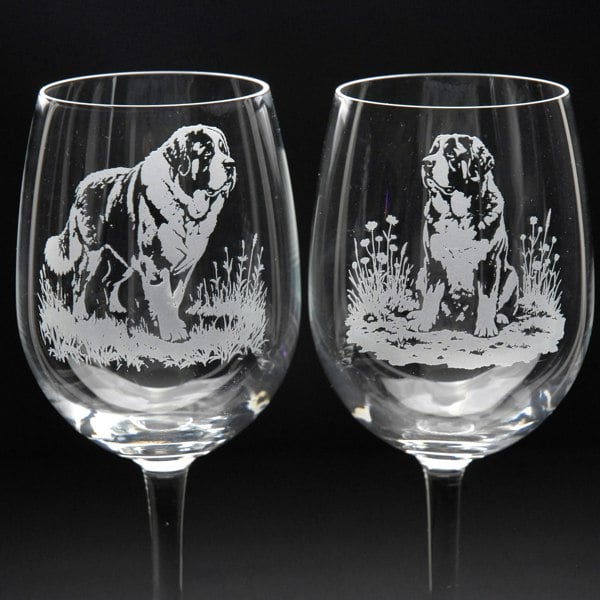 Glyptic Glass Art St. Bernard Dog Crystal Wine Glass - Hand Etched/Engraved Gift